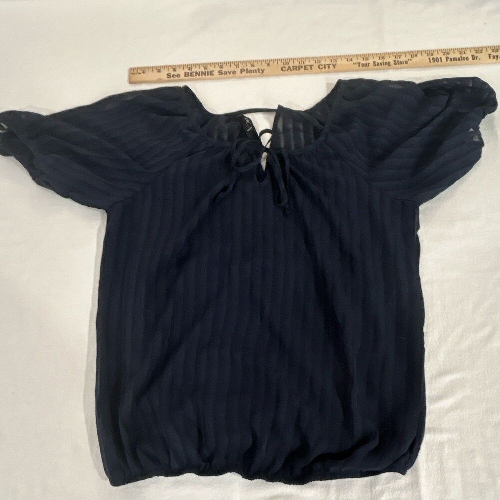 BCX Navy Solid Sheer Chiffon Pleated Tie Neck Short Sleeve Blouse Women S 0218